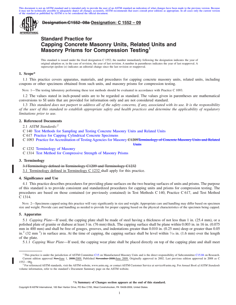 REDLINE ASTM C1552-09 - Standard Practice for Capping Concrete Masonry Units, Related Units and Masonry Prisms for Compression Testing