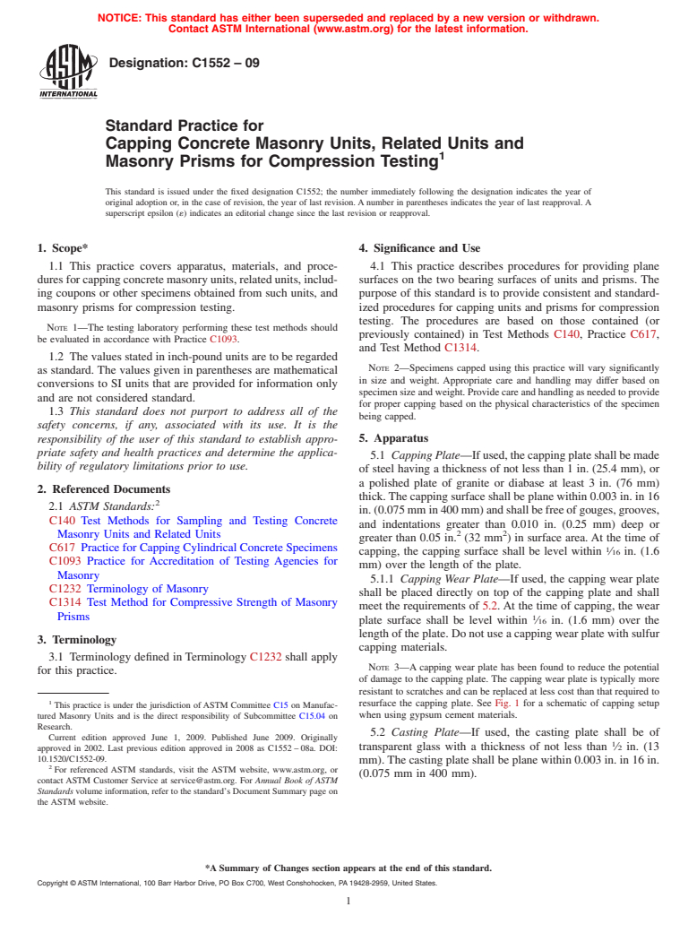 ASTM C1552-09 - Standard Practice for Capping Concrete Masonry Units, Related Units and Masonry Prisms for Compression Testing