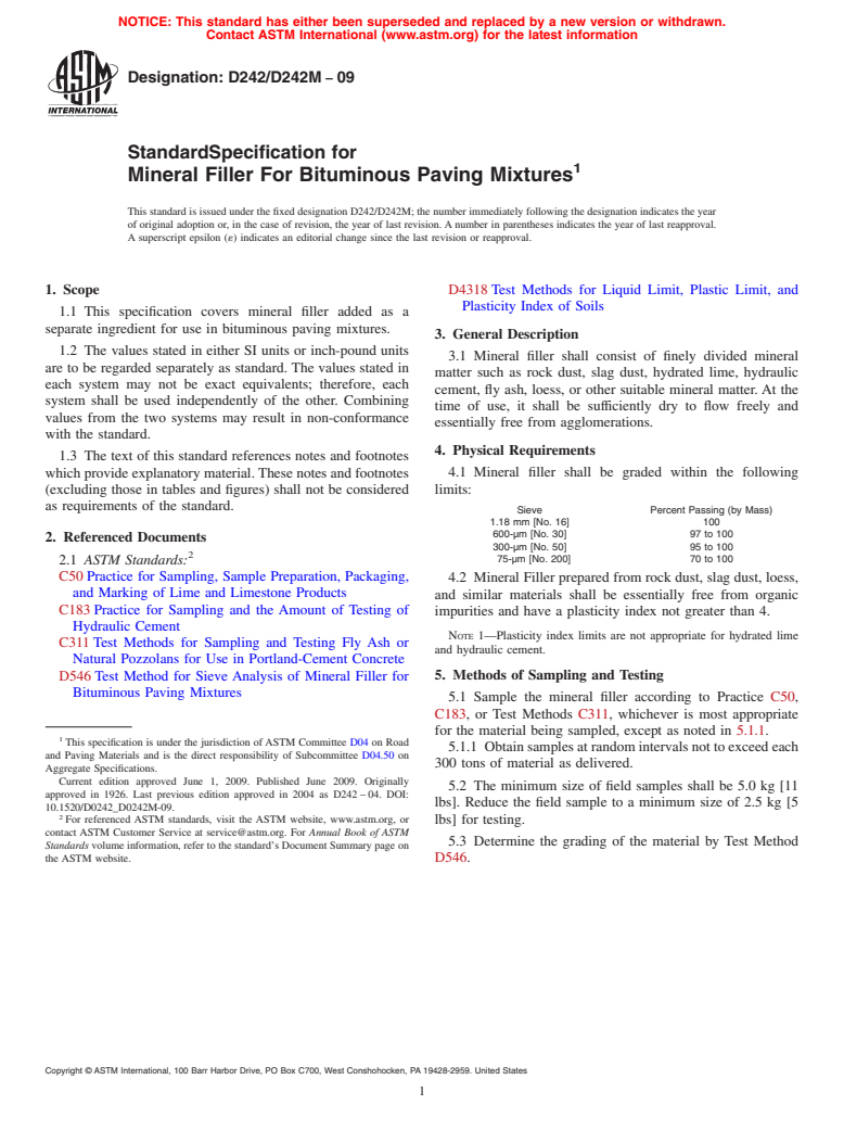 ASTM D242/D242M-09 - Standard Specification for Mineral Filler For Bituminous Paving Mixtures