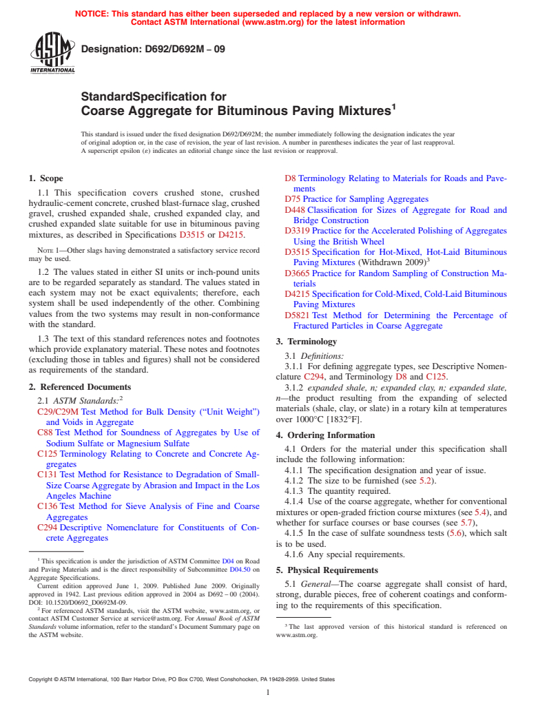 ASTM D692/D692M-09 - Standard Specification for Coarse Aggregate for Bituminous Paving Mixtures