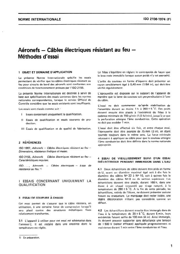 ISO 2156:1974 - Aéronefs -- Câbles électriques résistant au feu -- Méthodes d'essai