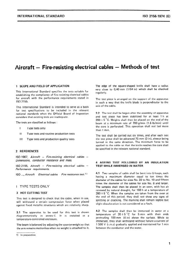 ISO 2156:1974 - Aircraft -- Fire-resisting electrical cables -- Methods of test