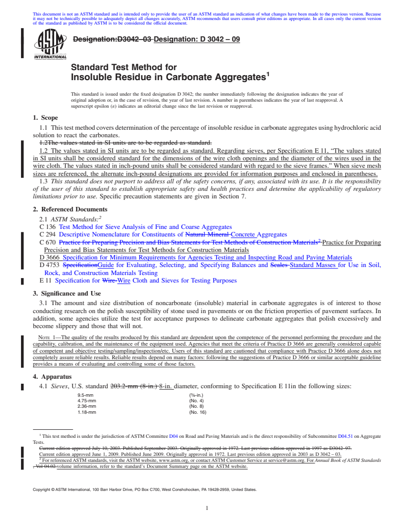 REDLINE ASTM D3042-09 - Standard Test Method for Insoluble Residue in Carbonate Aggregates