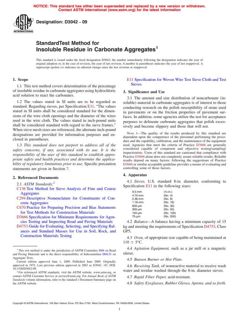 ASTM D3042-09 - Standard Test Method for Insoluble Residue in Carbonate Aggregates