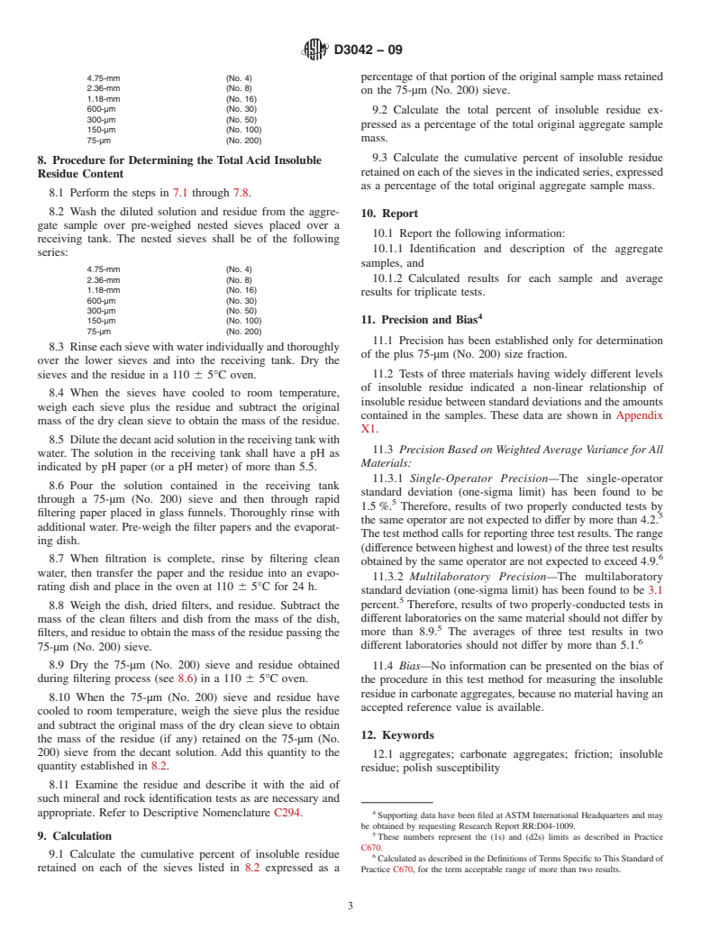 ASTM D3042-09 - Standard Test Method for Insoluble Residue in Carbonate Aggregates