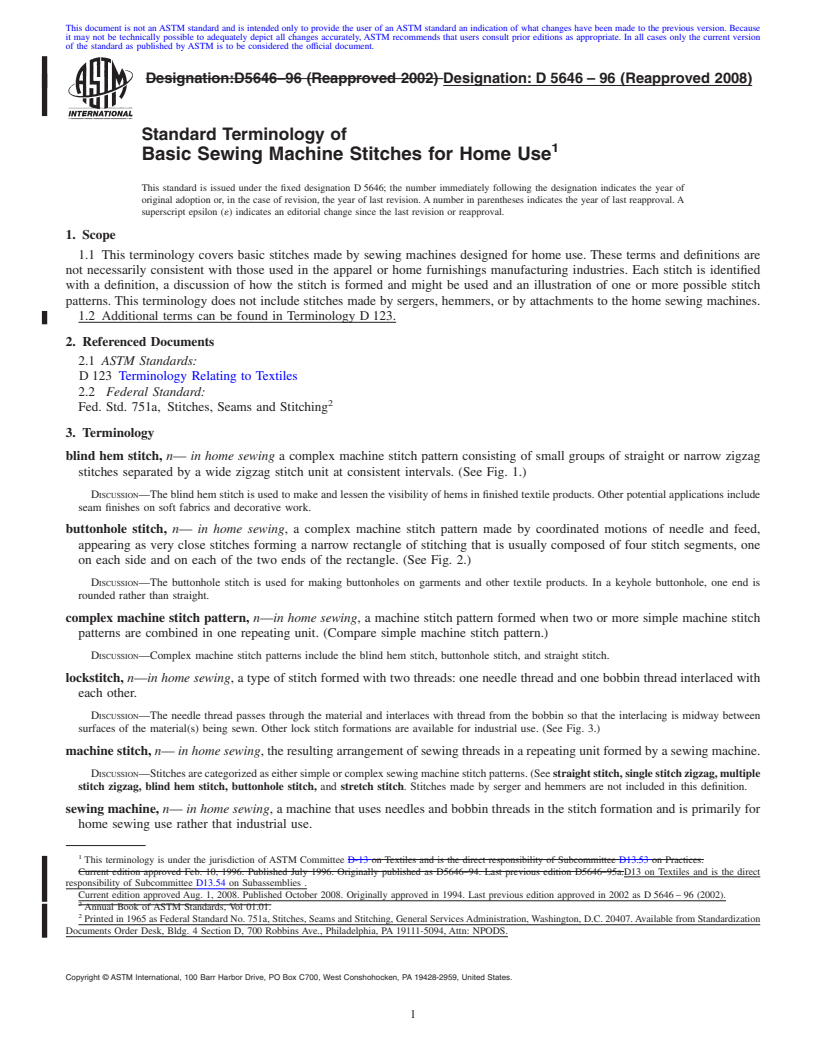 REDLINE ASTM D5646-96(2008) - Standard Terminology of  Basic Sewing Machine Stitches for Home Use