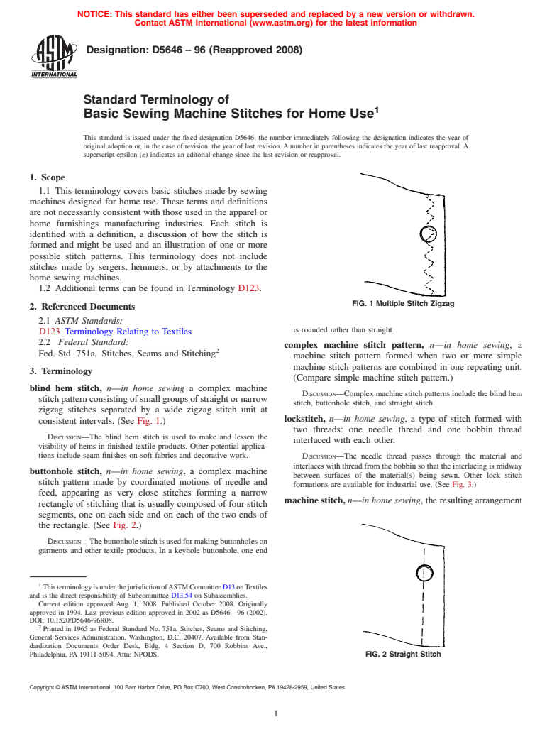 ASTM D5646-96(2008) - Standard Terminology of  Basic Sewing Machine Stitches for Home Use