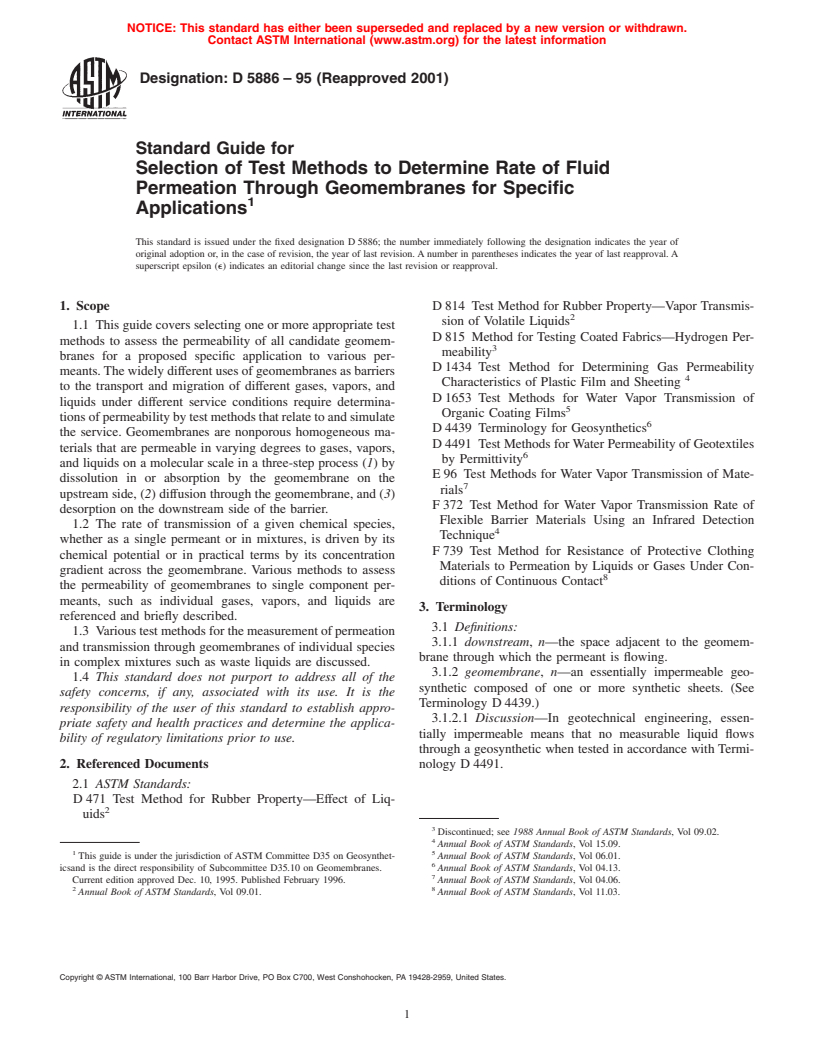 ASTM D5886-95(2001) - Standard Guide for Selection of Test Methods to Determine Rate of Fluid Permeation Through Geomembranes for Specific Applications