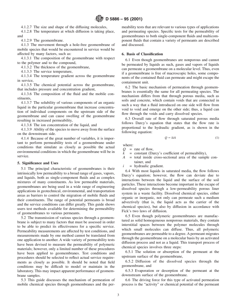 ASTM D5886-95(2001) - Standard Guide for Selection of Test Methods to Determine Rate of Fluid Permeation Through Geomembranes for Specific Applications