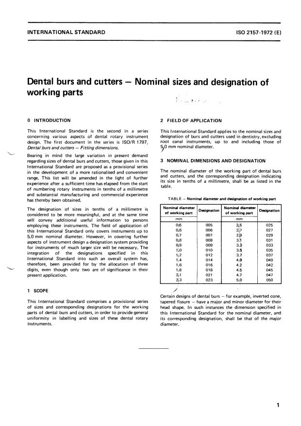 ISO 2157:1972 - Dental burs and cutters -- Nominal sizes and designation of working parts