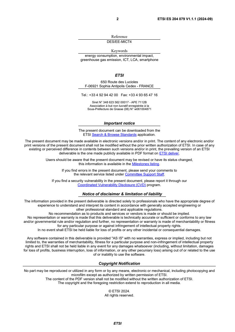 SIST ES 204 079 V1.1.1:2024 ETSI ES 204 079 V1.1.1 (2024-09) - Environmental Engineering (EE); Method for environmental performance scoring of smartphones - Page 2 preview