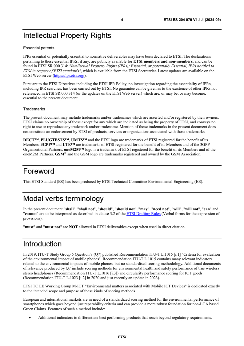 SIST ES 204 079 V1.1.1:2024 ETSI ES 204 079 V1.1.1 (2024-09) - Environmental Engineering (EE); Method for environmental performance scoring of smartphones - Page 4 preview