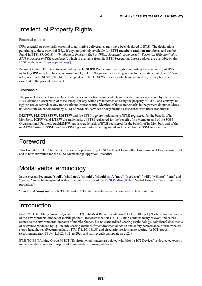 SIST ES 204 079 V1.1.1:2024 ETSI ES 204 079 V1.1.0 (2024-07) - Environmental Engineering (EE); Method for environmental performance scoring of smartphones - Page 4 preview