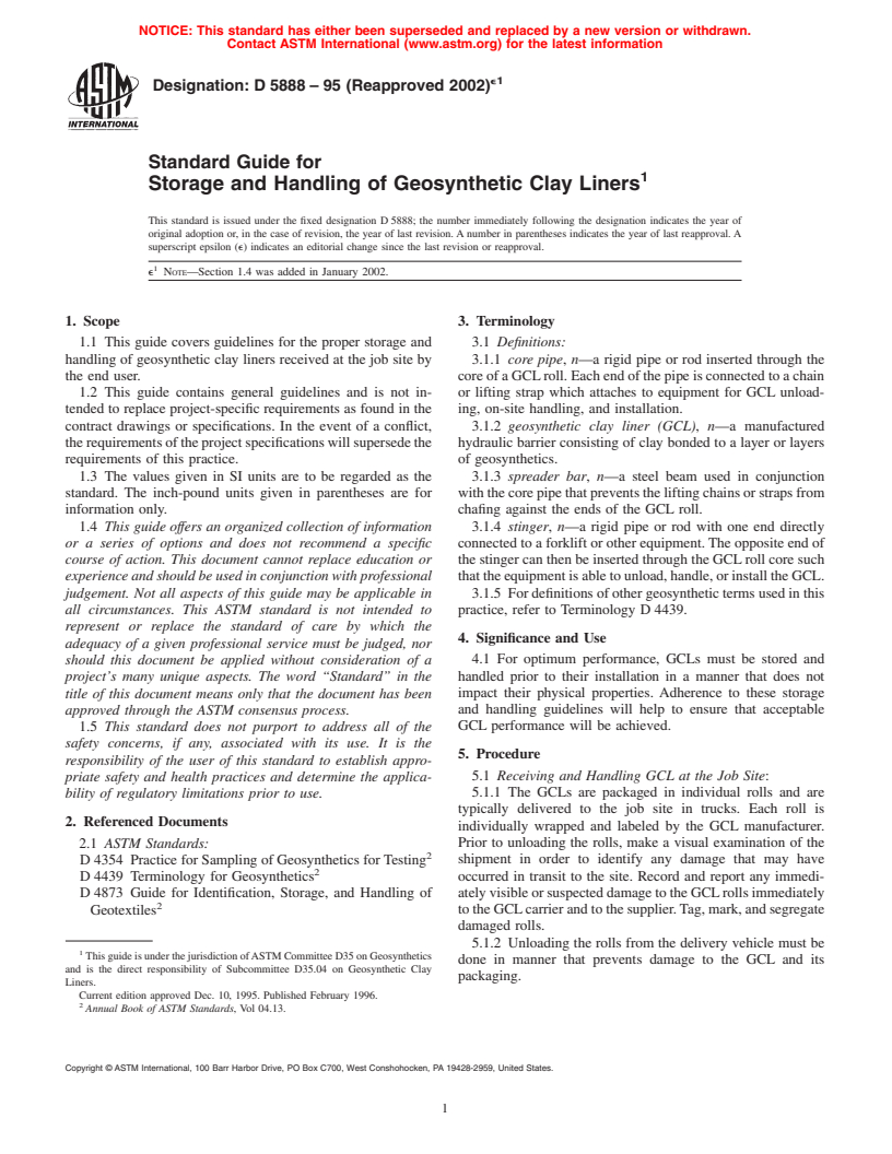 ASTM D5888-95(2002)e1 - Standard Guide for Storage and Handling of Geosynthetic Clay Liners