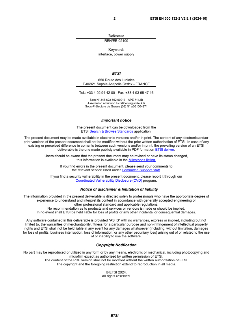 SIST EN 300 132-2 V2.8.1:2024 ETSI EN 300 132-2 V2.8.1 (2024-10) - Environmental Engineering (EE); Power supply interface at the input of Information and Communication Technology (ICT) equipment; Part 2: -48 V Direct Current (DC) - Page 2 preview