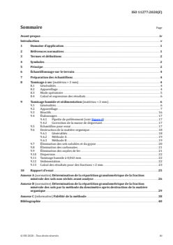 ISO 11277:2020 - Qualité du sol — Détermination de la répartition granulométrique de la matière minérale des sols — Méthode par tamisage et sédimentation
Released:4/27/2020 - Page 3 preview