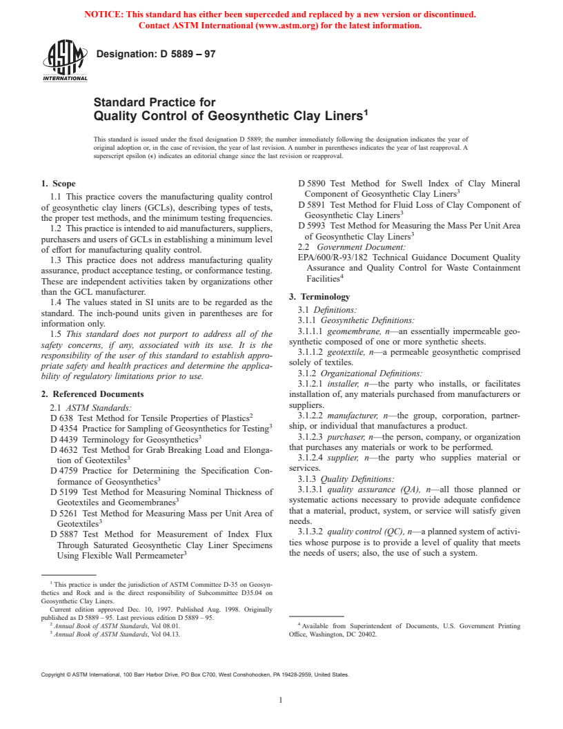 ASTM D5889-97 - Standard Practice for Quality Control of Geosynthetic Clay Liners