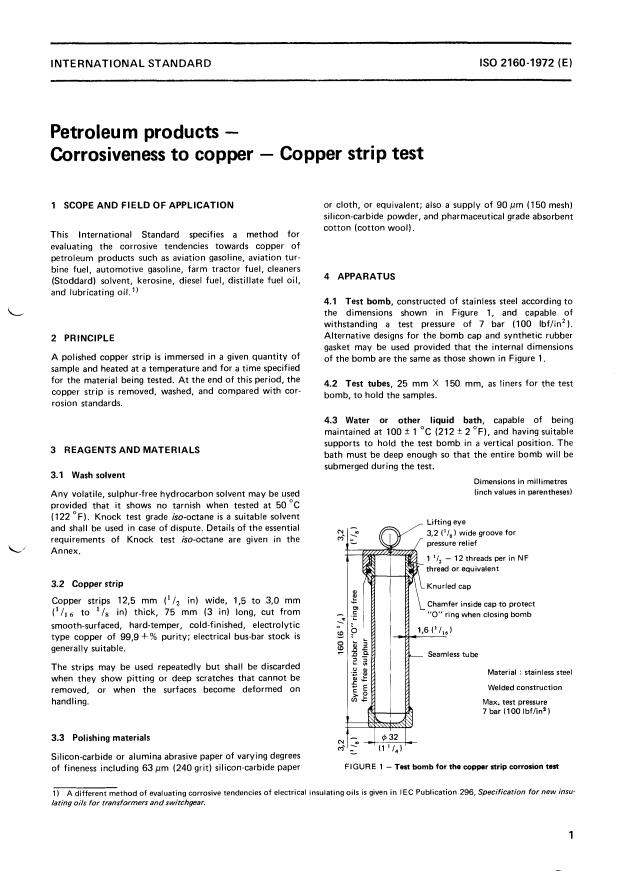 ISO 2160:1972 - Petroleum products -- Corrosiveness to copper -- Copper strip test