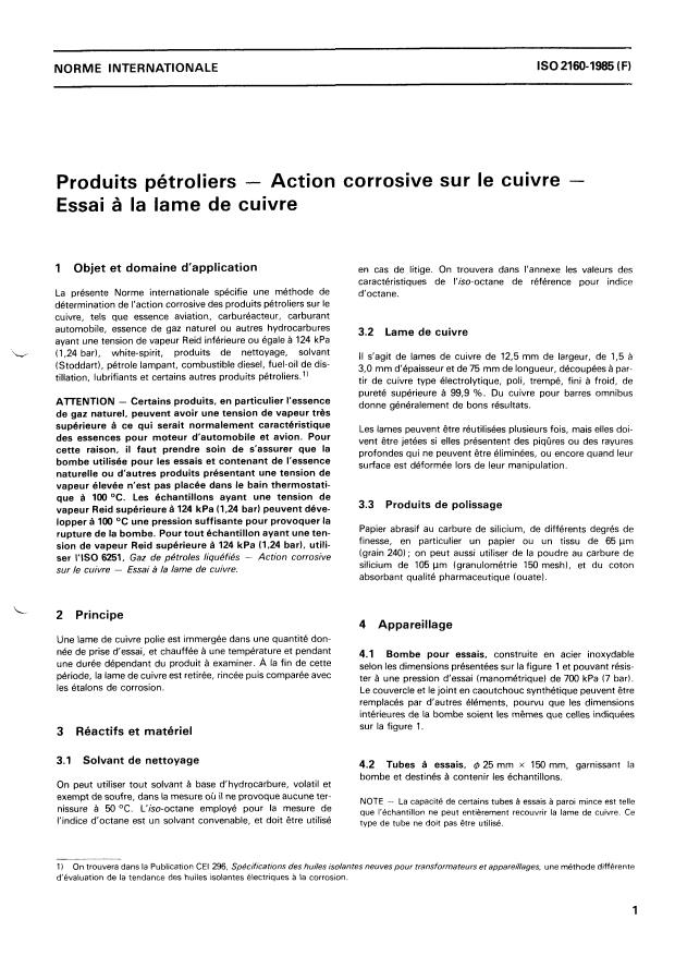 ISO 2160:1985 - Produits pétroliers -- Action corrosive sur le cuivre -- Essai a la lame de cuivre