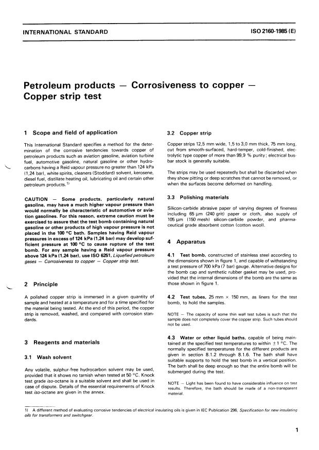 ISO 2160:1985 - Petroleum products -- Corrosiveness to copper -- Copper strip test