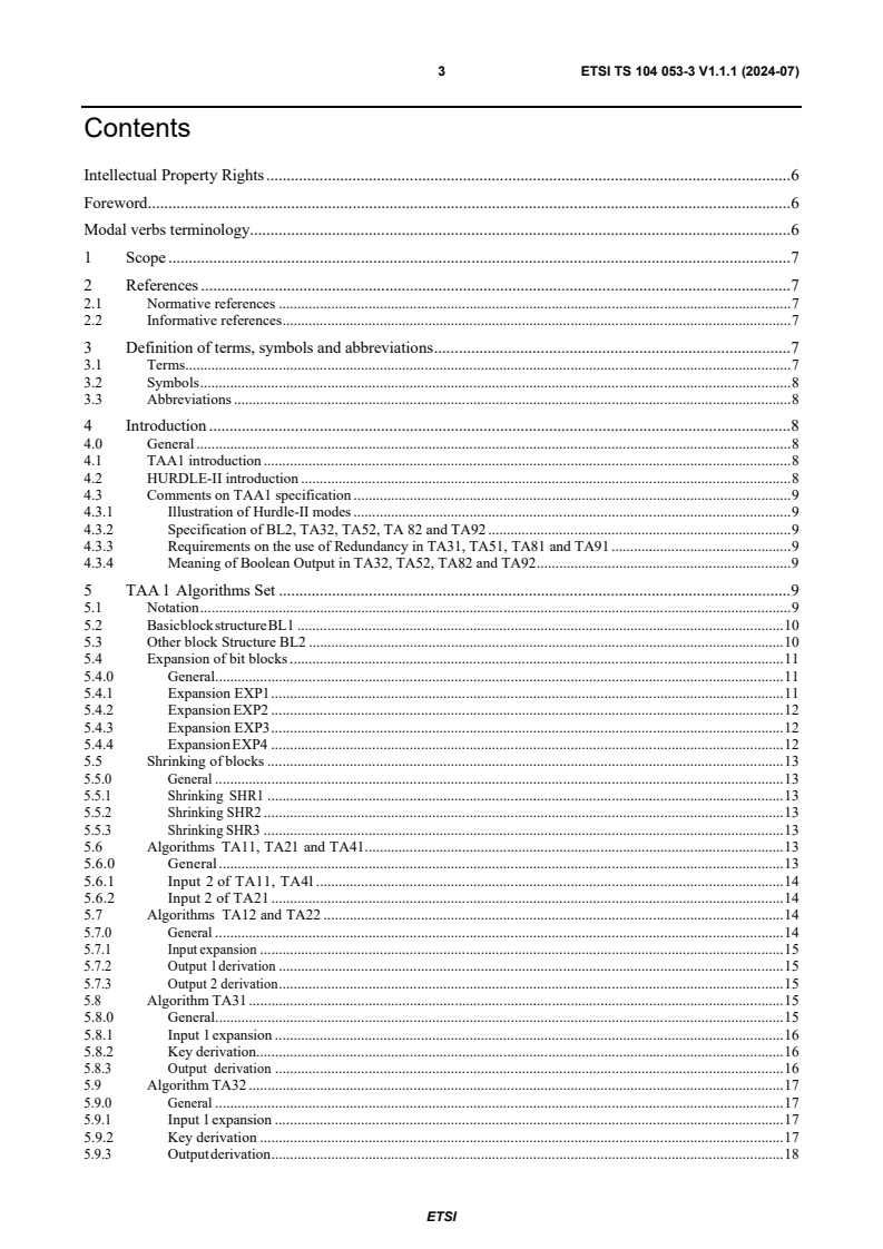 ETSI TS 104 053-3 V1.1.1 (2024-07) - TETRA Air Interface Security, Algorithms specification; Part 3: TETRA and Authentication and Key Management Algorithms TAA1