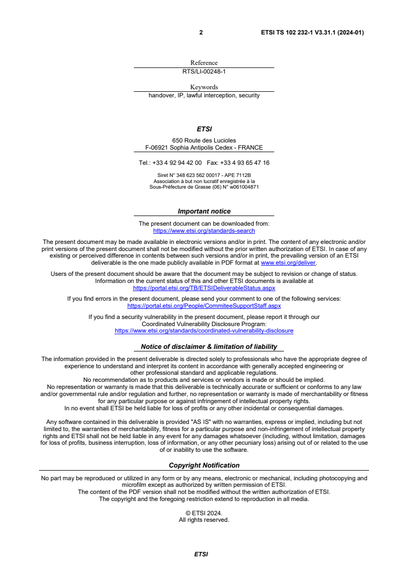 SIST-TS ETSI/TS 102 232-1 V3.31.1:2024 ETSI TS 102 232-1 V3.31.1 (2024-01) - Lawful Interception (LI); Handover Interface and Service-Specific Details (SSD) for IP delivery; Part 1: Handover specification for IP delivery - Page 2 preview