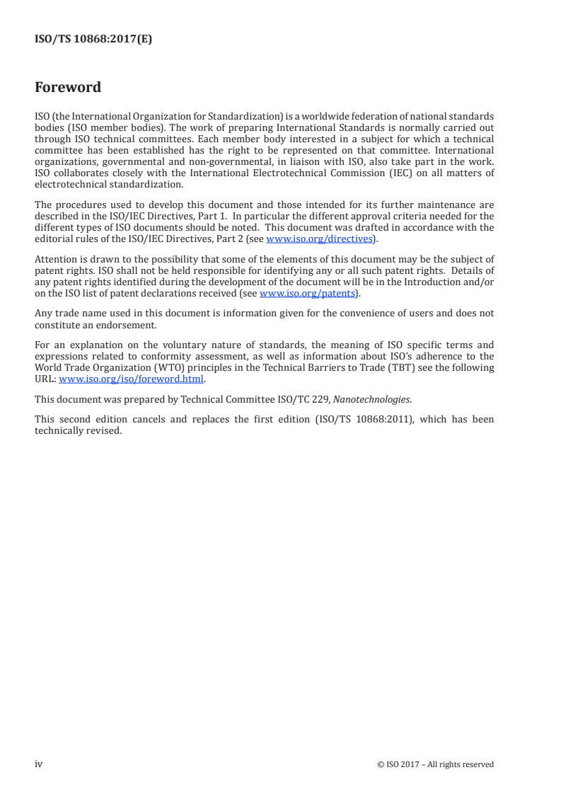 ISO/TS 10868:2017 ISO/TS 10868:2017 - Nanotechnologies — Characterization of single-wall carbon nanotubes using ultraviolet-visible-near infrared (UV-Vis-NIR) absorption spectroscopy
Released:5/9/2017 - Page 4 preview
