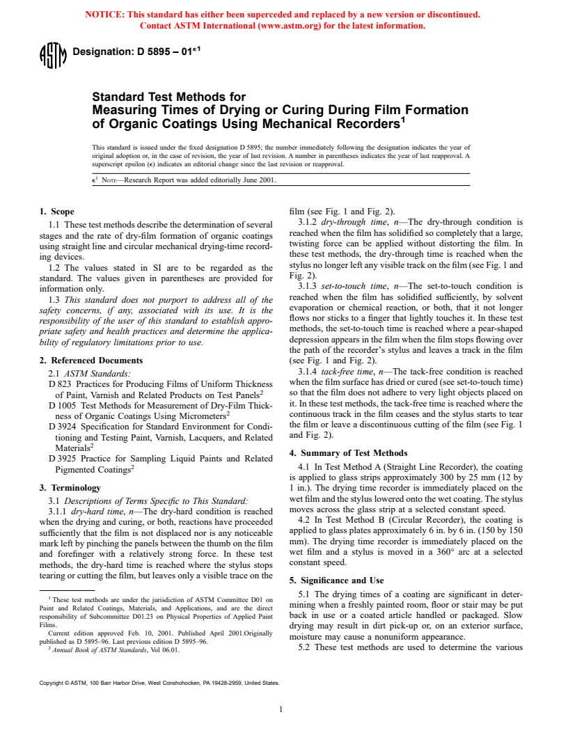 ASTM D5895-01e1 - Standard Test Methods for Measuring Times of Drying or Curing During Film Formation of Organic Coatings Using Mechanical Recorders