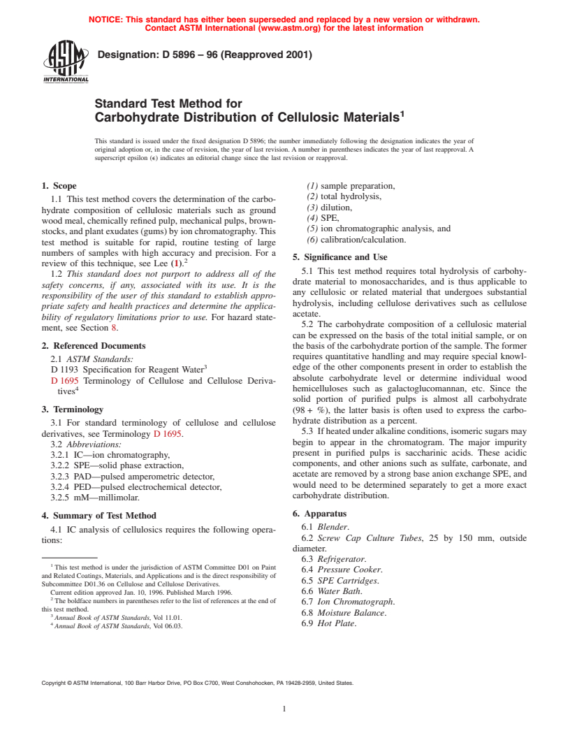 ASTM D5896-96(2001) - Standard Test Method for Carbohydrate Distribution of Cellulosic Materials