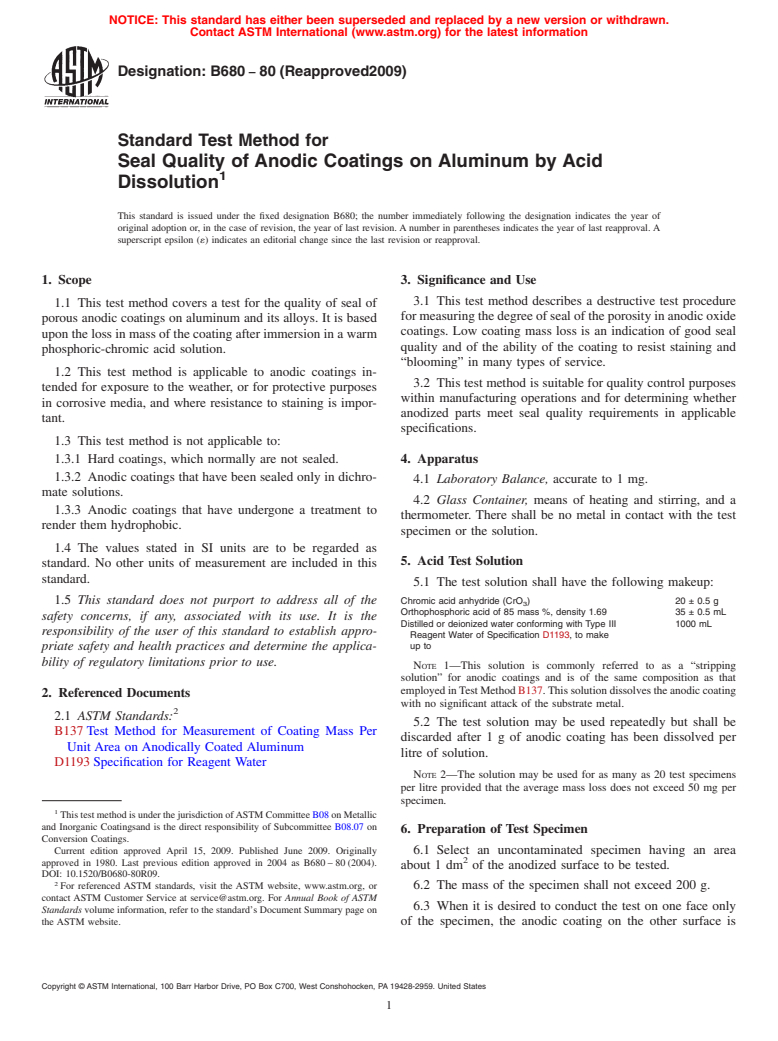 ASTM B680-80(2009) - Standard Test Method for Seal Quality of Anodic Coatings on Aluminum by Acid Dissolution