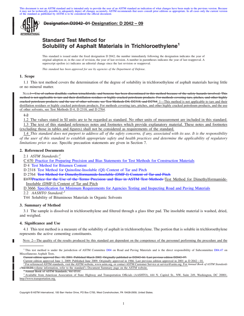 REDLINE ASTM D2042-09 - Standard Test Method for Solubility of Asphalt Materials in Trichloroethylene