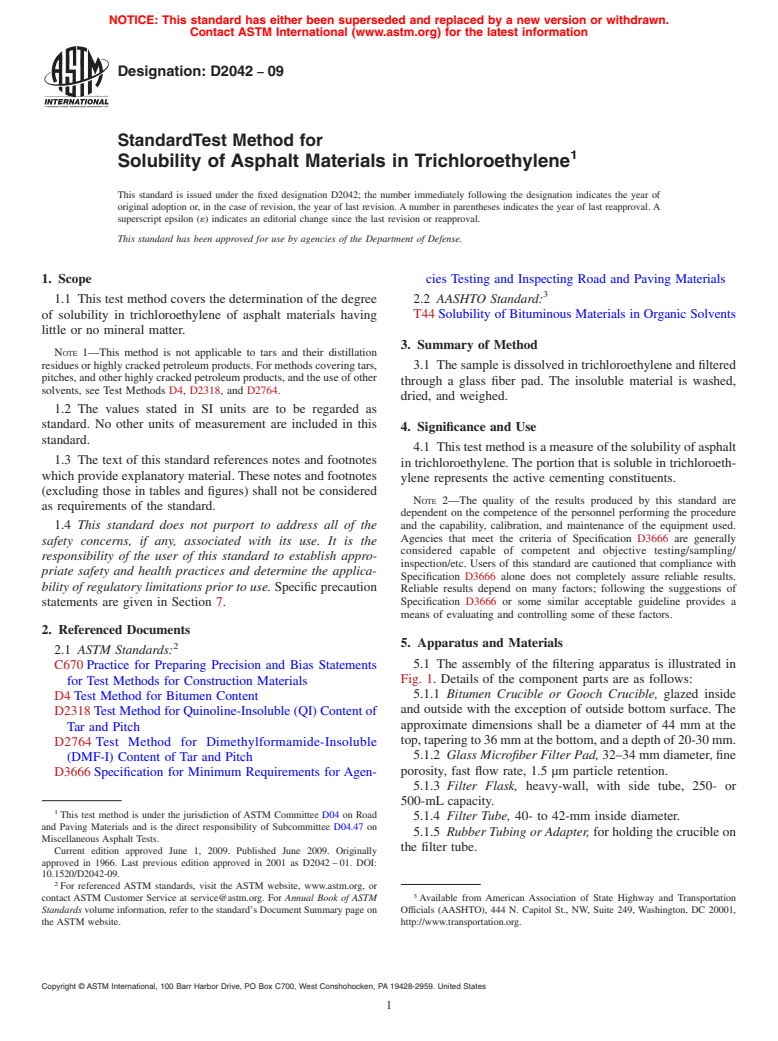 ASTM D2042-09 - Standard Test Method for Solubility of Asphalt Materials in Trichloroethylene