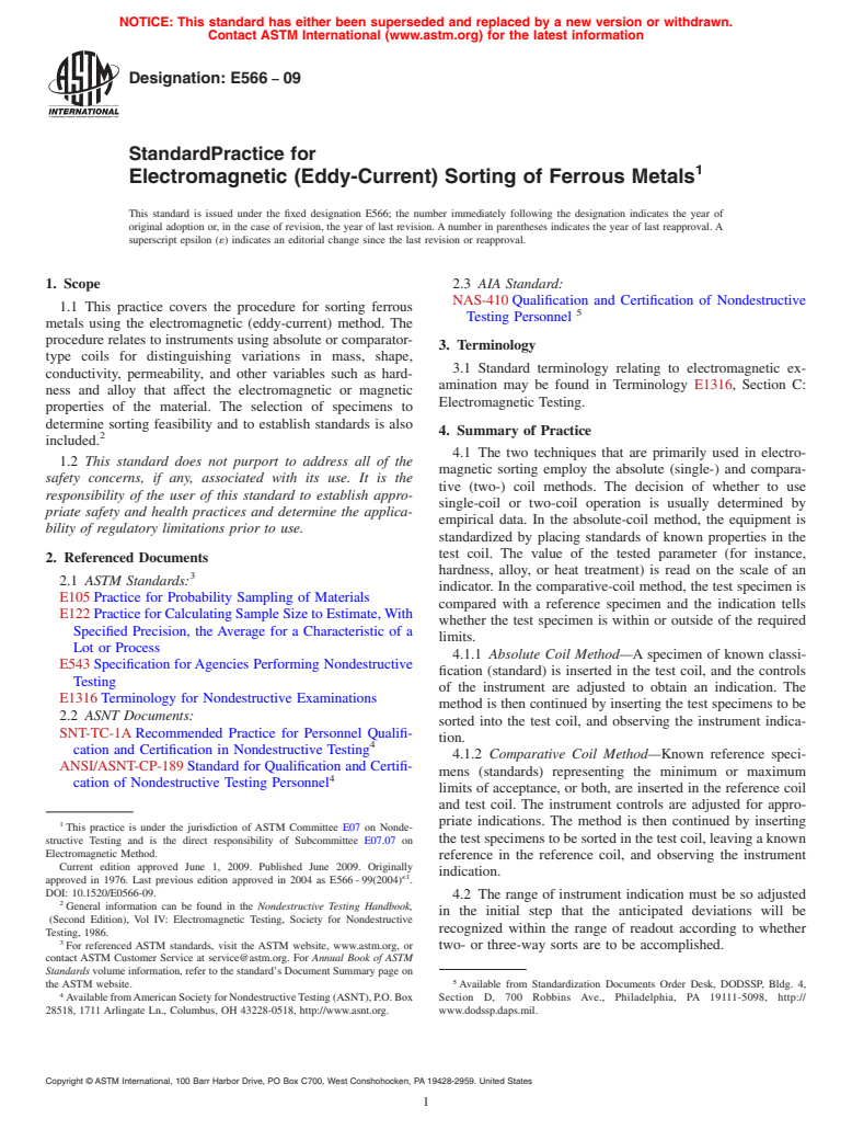 ASTM E566-09 - Standard Practice for Electromagnetic (Eddy-Current) Sorting of Ferrous Metals