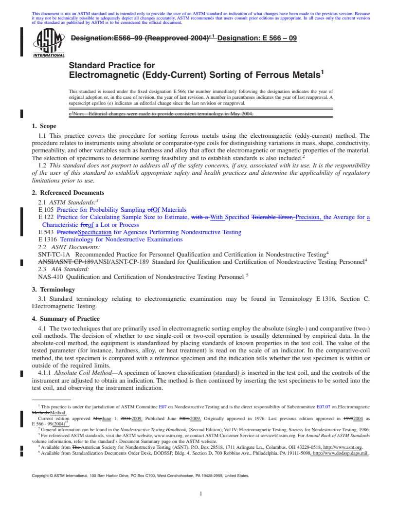 REDLINE ASTM E566-09 - Standard Practice for Electromagnetic (Eddy-Current) Sorting of Ferrous Metals