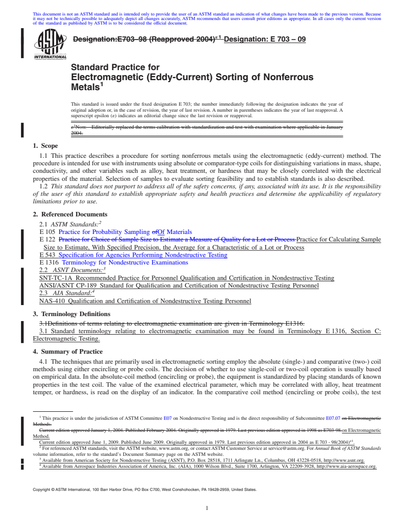 REDLINE ASTM E703-09 - Standard Practice for Electromagnetic (Eddy-Current) Sorting of Nonferrous Metals