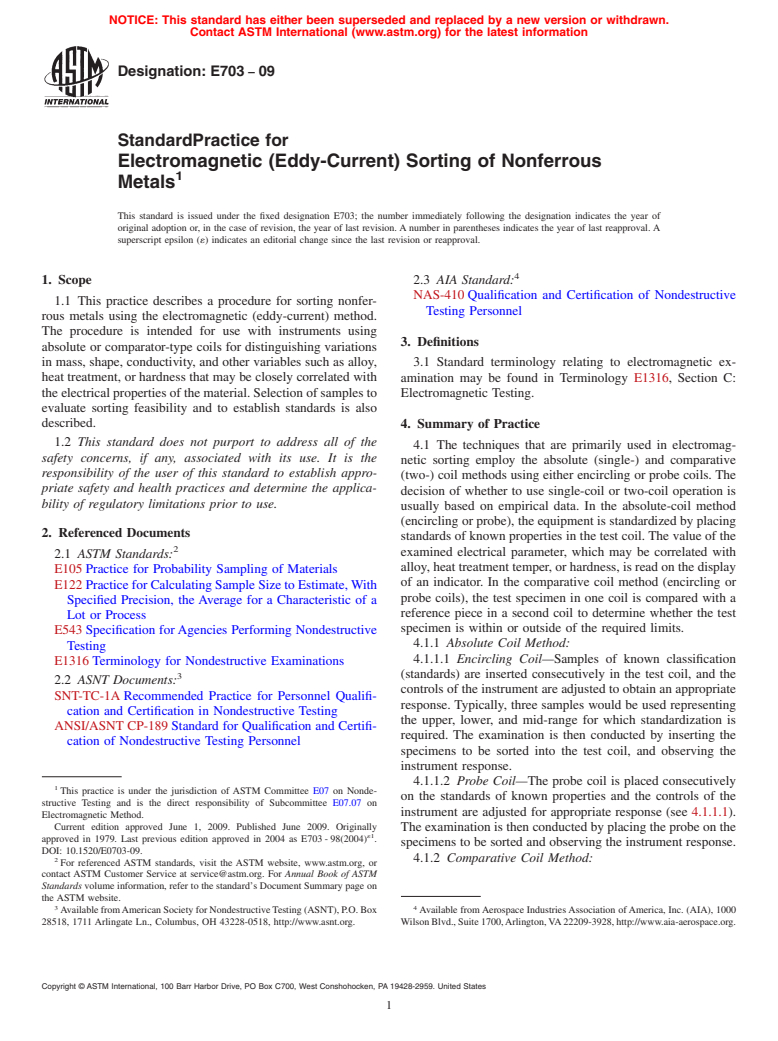 ASTM E703-09 - Standard Practice for Electromagnetic (Eddy-Current) Sorting of Nonferrous Metals