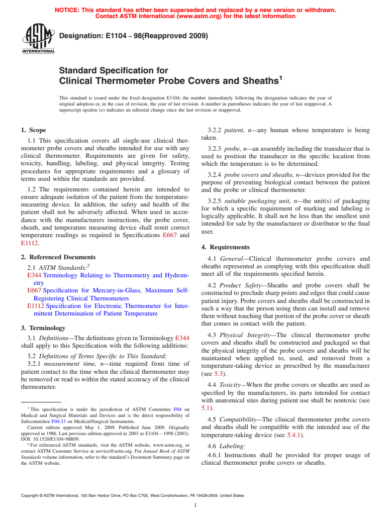 ASTM E1104-98(2009) - Standard Specification for Clinical Thermometer Probe Covers and Sheaths