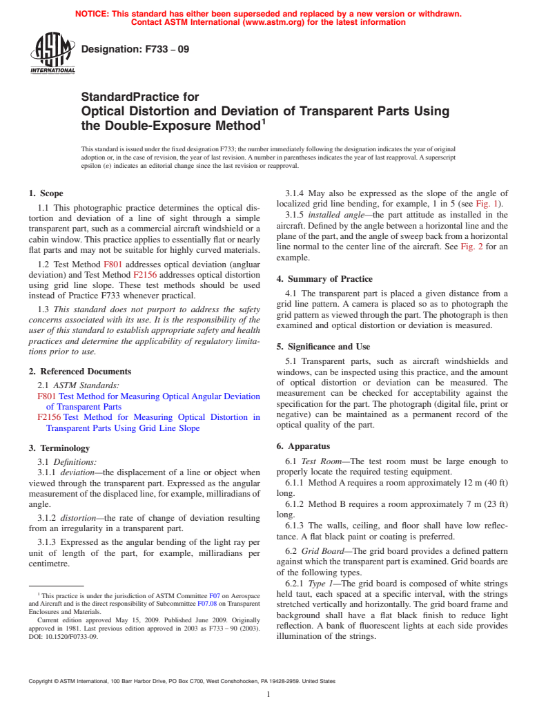 ASTM F733-09 - Standard Practice for Optical Distortion and Deviation of Transparent Parts Using the Double-Exposure Method