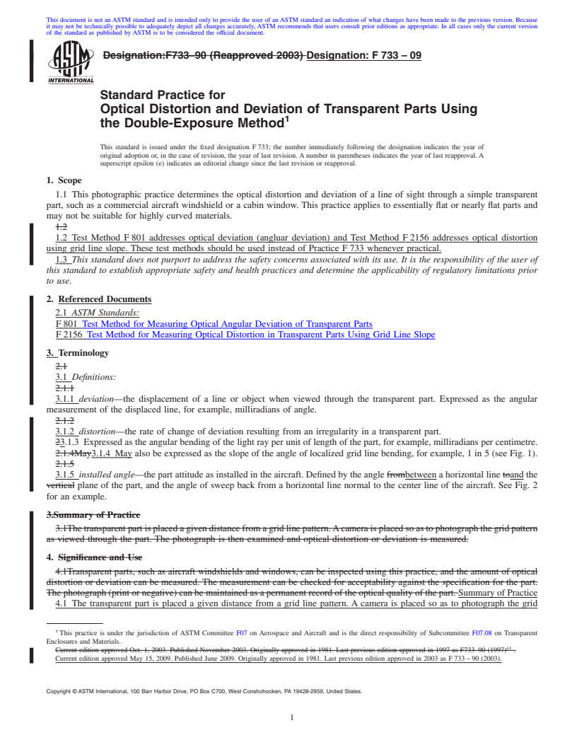 REDLINE ASTM F733-09 - Standard Practice for Optical Distortion and Deviation of Transparent Parts Using the Double-Exposure Method