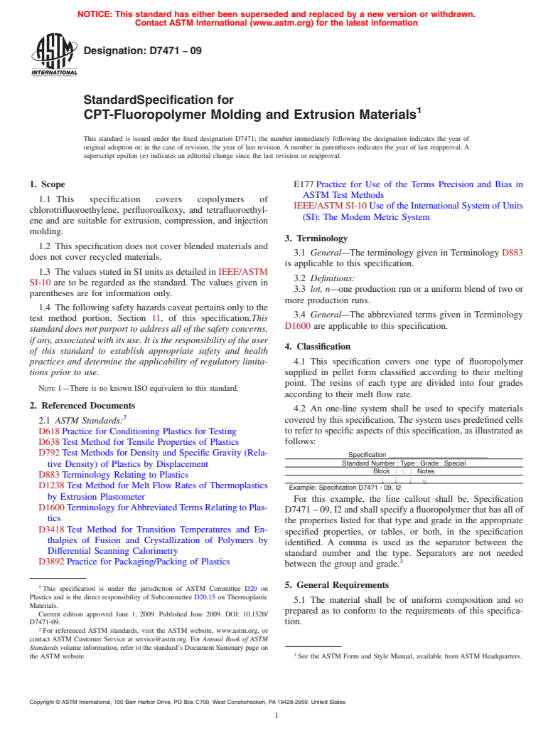 ASTM D7471-09 - Standard Specification for CPT-Fluoropolymer Molding and Extrusion Materials