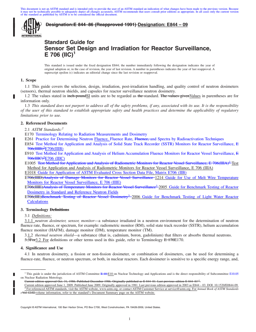 REDLINE ASTM E844-09 - Standard Guide for Sensor Set Design and Irradiation for Reactor Surveillance, E 706(IIC)