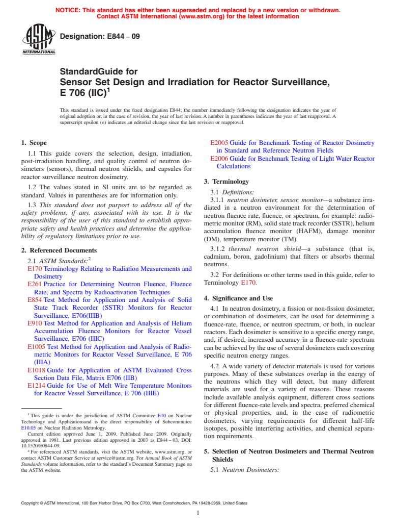 ASTM E844-09 - Standard Guide for Sensor Set Design and Irradiation for Reactor Surveillance, E 706(IIC)