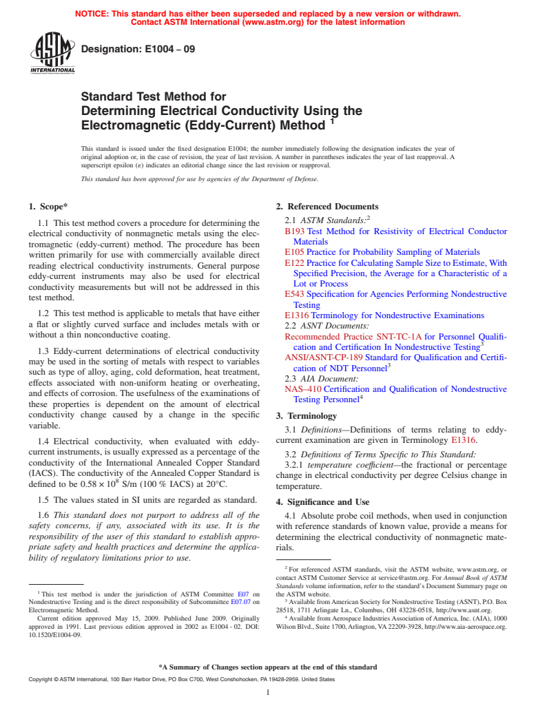 ASTM E1004-09 - Standard Test Method for Determining Electrical Conductivity Using the Electromagnetic (Eddy-Current) Method
