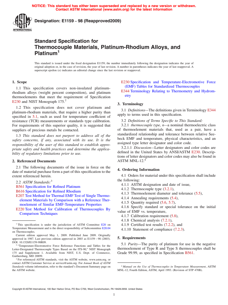 ASTM E1159-98(2009) - Standard Specification for Thermocouple Materials, Platinum-Rhodium Alloys, and Platinum