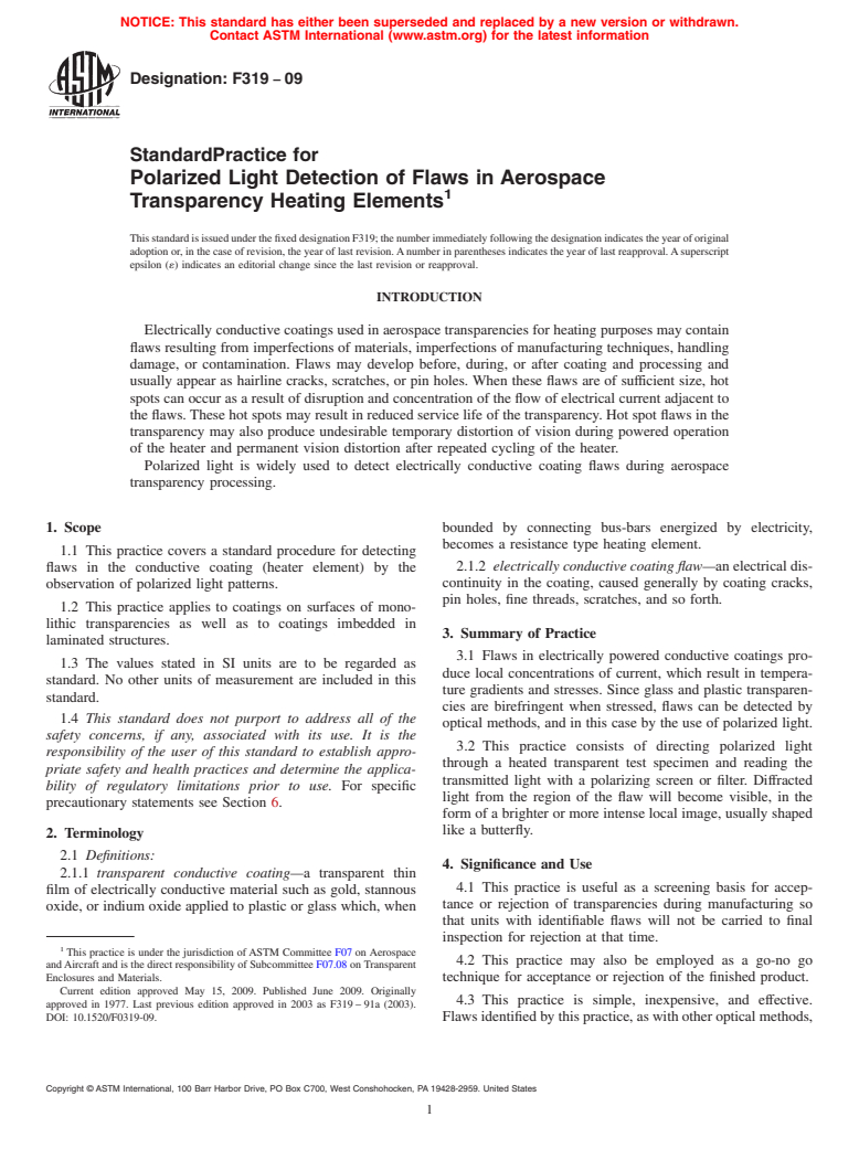 ASTM F319-09 - Standard Practice for Polarized Light Detection of Flaws in Aerospace Transparency Heating Elements