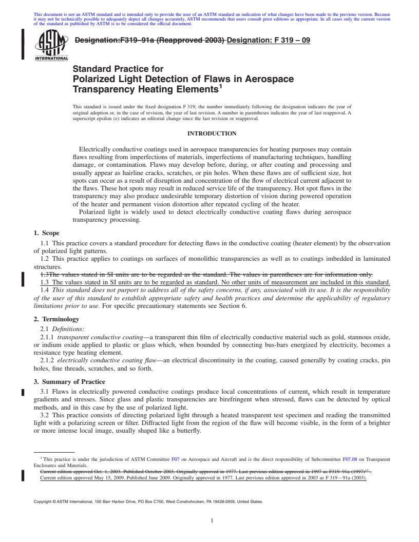 REDLINE ASTM F319-09 - Standard Practice for Polarized Light Detection of Flaws in Aerospace Transparency Heating Elements