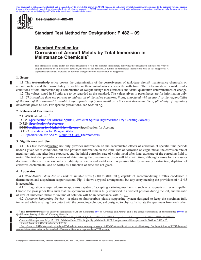 REDLINE ASTM F482-09 - Standard Practice for  Corrosion of Aircraft Metals by Total Immersion in Maintenance Chemicals