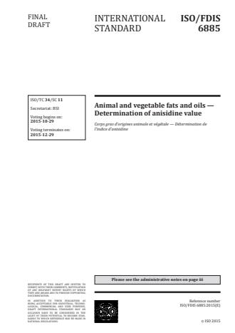 ISO 6885:2016 - Animal and vegetable fats and oils -- Determination of anisidine value