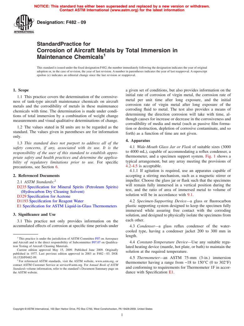 ASTM F482-09 - Standard Practice for  Corrosion of Aircraft Metals by Total Immersion in Maintenance Chemicals