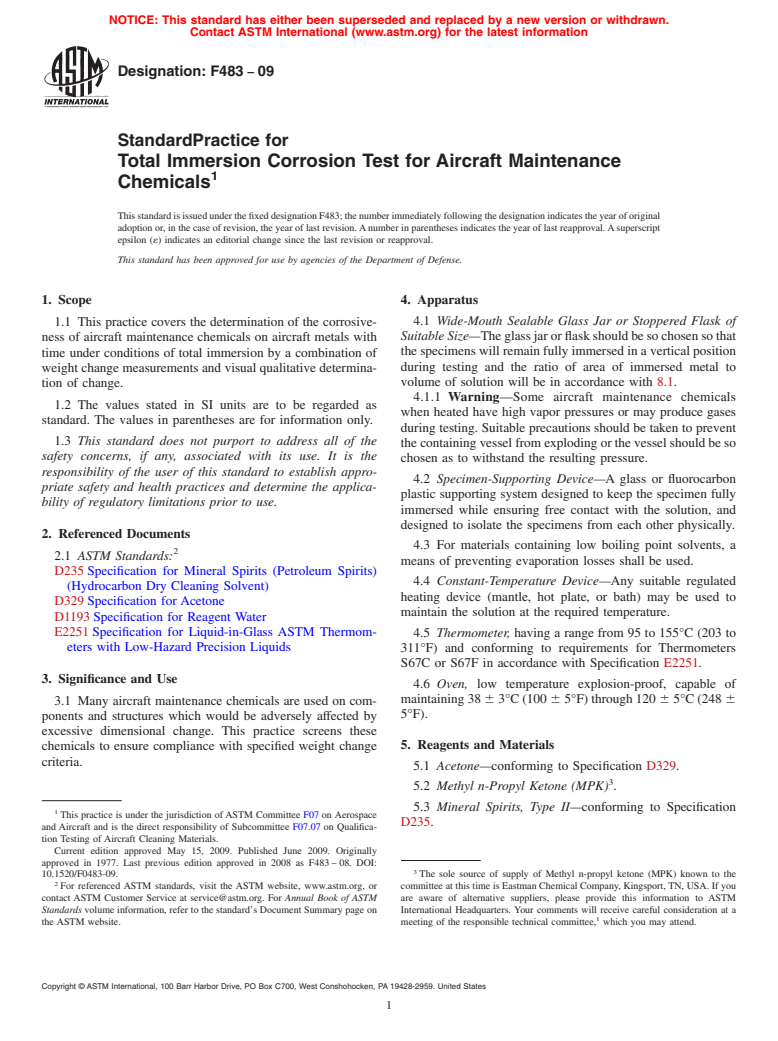 ASTM F483-09 - Standard Practice for Total Immersion Corrosion Test for Aircraft Maintenance Chemicals